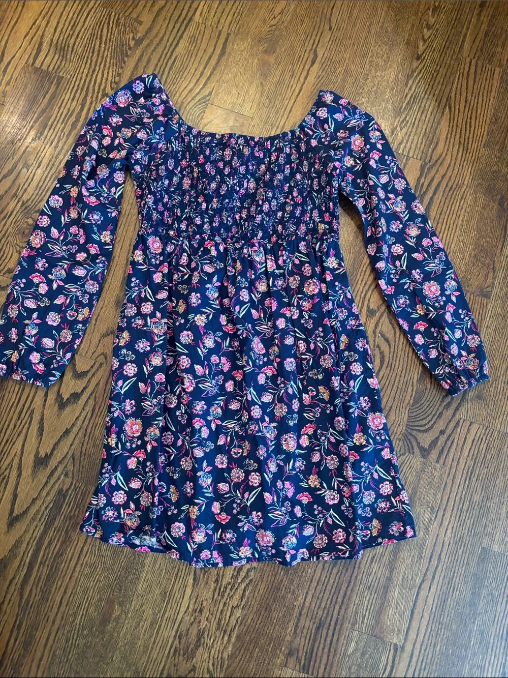 GAP Navy Floral Smocked Long-Sleeve Dress with Pink Accents